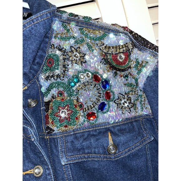 Vtg I. B. Diffusion Blue Denim Sequin Beaded Rockabilly Glam Rock SZ 8 Jacket - Picture 13 of 16